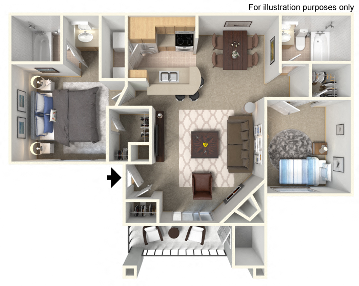 Floor plan for 2 beds, 2 baths, 940 sqft